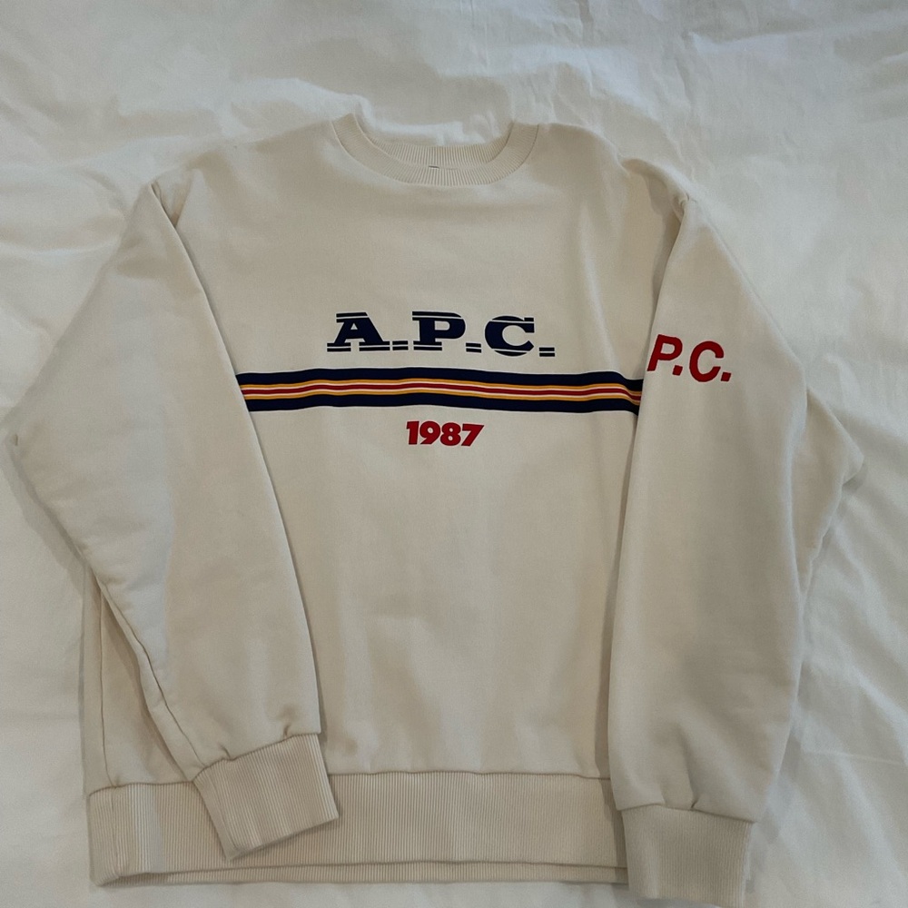 A.P.C. Cream Crewneck Sweatshirt with Navy & Red Stripe Logo